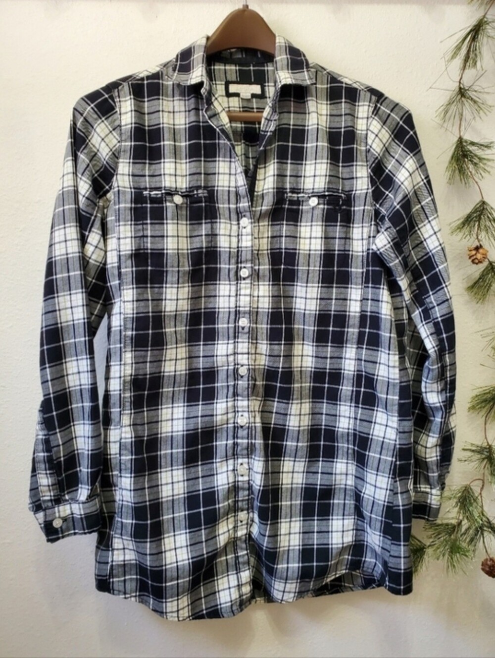 Aerie Boyfriend Black & White Plaid Soft Flannel Shirt Button Down 100% Cotton